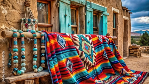 Vibrant turquoise and silver jewelry adorns a richly patterned Native American blanket, set against the rustic, earthy backdrop of a New Mexico adobe building. photo