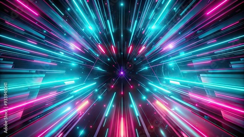 Vibrant turquoise and pink neon lights blur and streak across a dark gradient background, forming a mesmerizing, futuristic, and kaleidoscopic abstract pattern. photo