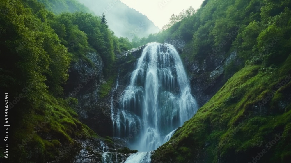 Obraz premium Lush Greenery Surrounds Mighty Waterfall