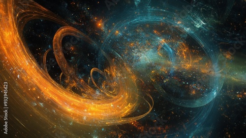 Abstract Cosmic Landscape with Glowing Orange and Blue Swirls