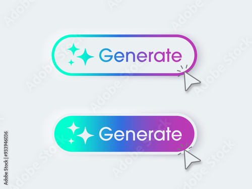 Modern AI generative button. AI is entered by a command prompt to generate ideas. Generatepress button in trendy neumorphic style for Apps, websites, interfaces. UI UX elements. Vector illustration.
