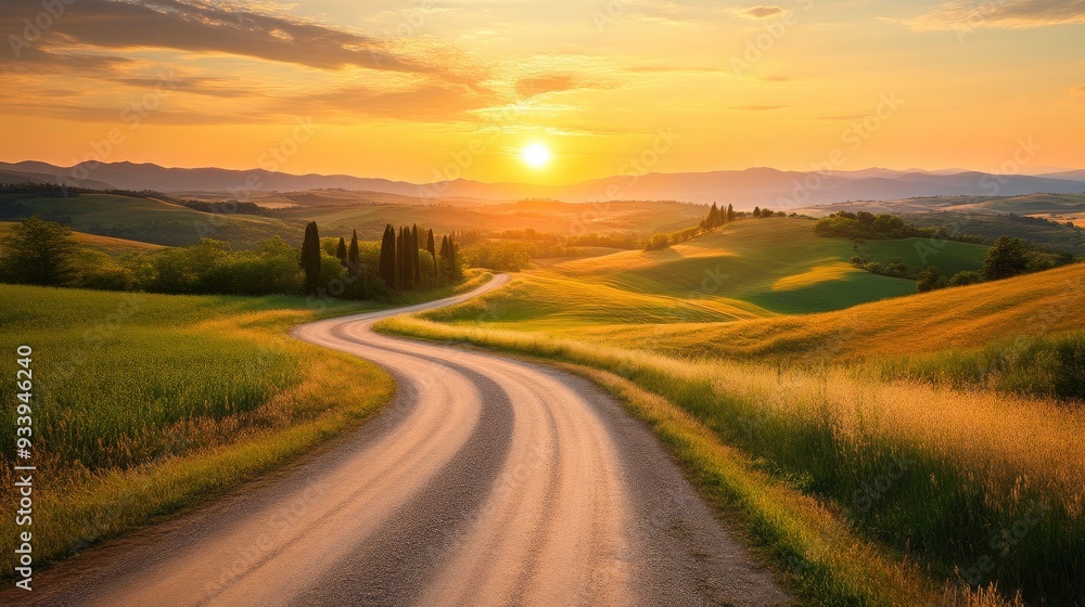 Fototapeta premium Charming Rural Road Embraced by Warm Sunrise Light