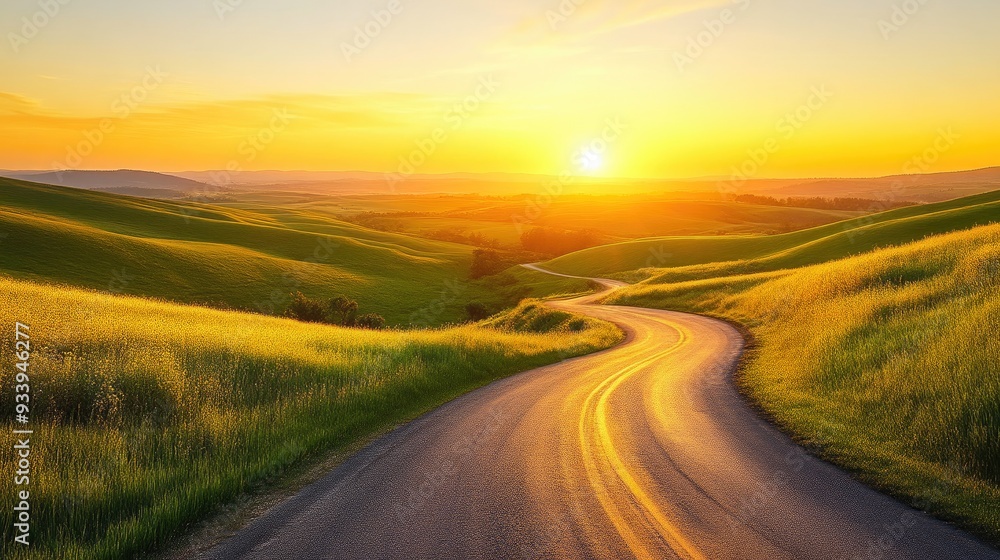 Fototapeta premium Serene Dawn Landscape: Rolling Hills and Curved Road