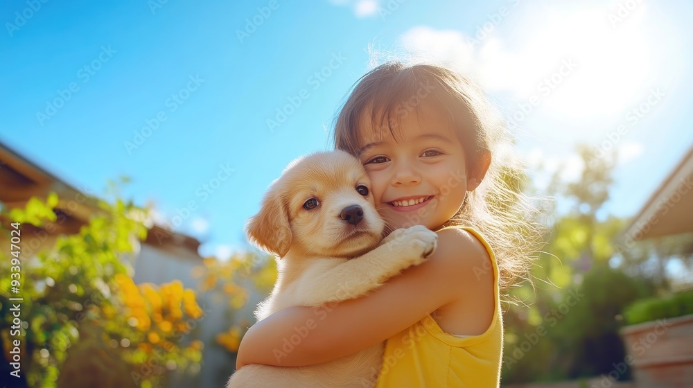 Sunny Serenity: Child and Puppy in Garden Paradise Sunny Serenity: Child and Puppy in Garden Paradise
