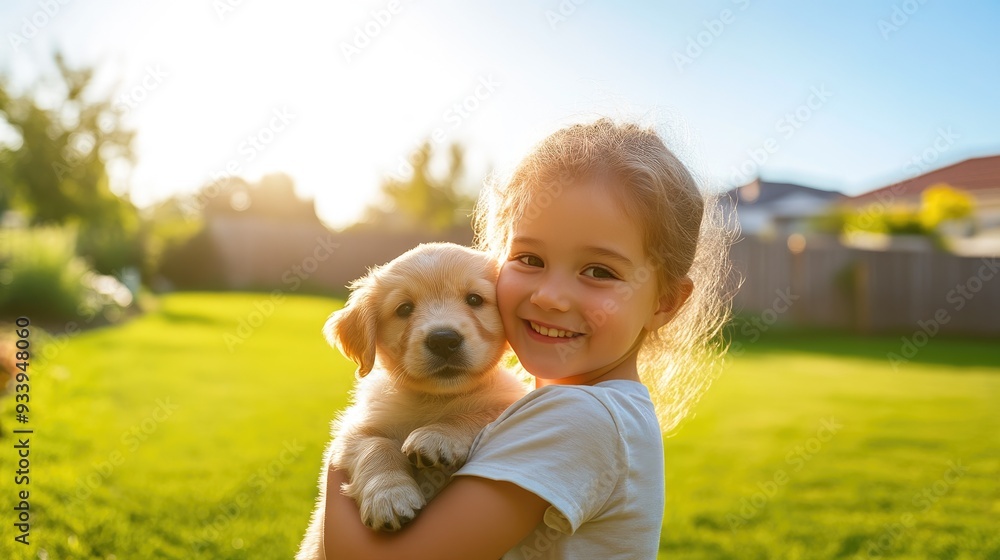 Joyful Playtime: Kid Embracing Puppy in Backyard Joyful Playtime: Kid Embracing Puppy in Backyard
