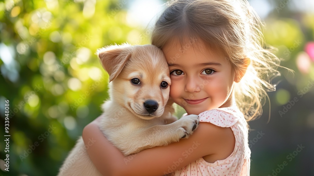 Cherished Bond: Child and Puppy in Lush Garden Cherished Bond: Child and Puppy in Lush Garden