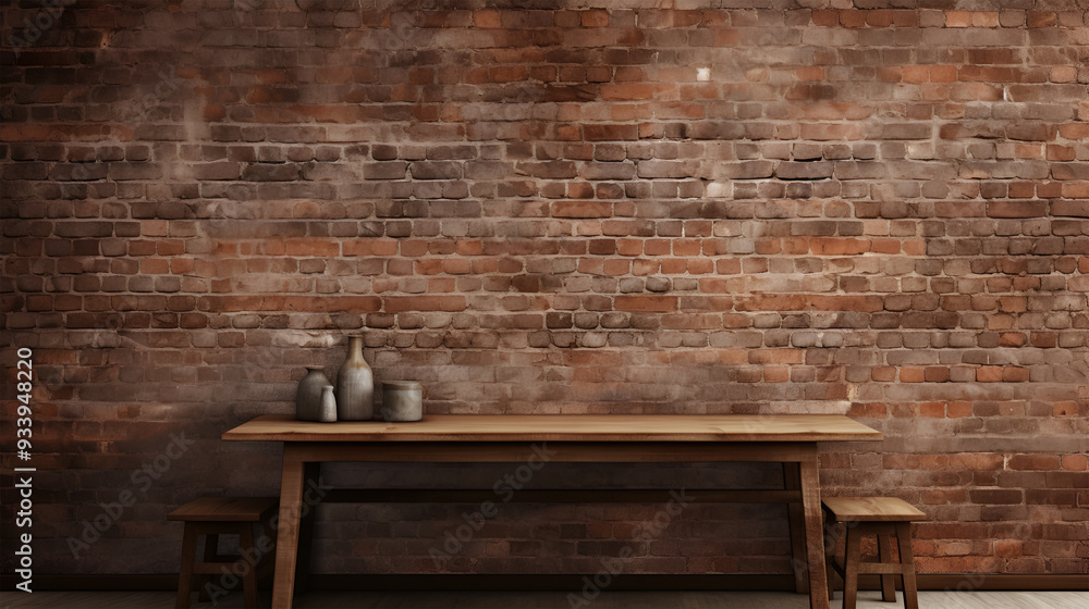 Rustic brick wall with an empty wooden table, creating a vintage atmosphere for product placement Rustic brick wall with an empty wooden table, creating a vintage atmosphere for product placement