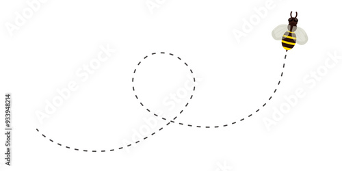 Bee flying doted path, line way. Bumblebee fly route journey for travel. Honey product design, Bee with cute wings.