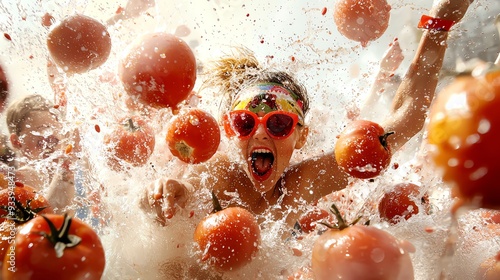 A vibrant celebration with people joyfully throwing tomatoes in a splash of fun at a festival. photo