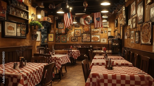 The interior of the establishment looks cozy and traditional, with wooden tables and chairs, red and white checkered tablecloths and Italian flags or posters on the walls. The lighting in the pizzeria