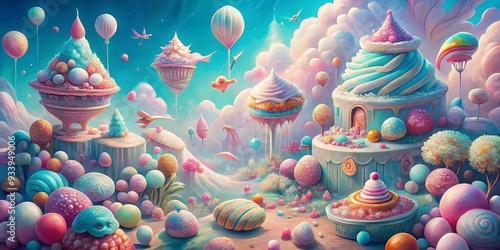 PastelWhimsy DreamyOilPainting FestiveConfections Bird'sEyeView PlayfulScale VectorArtElements SoftCandyColorPalate WhimsicalUnderwaterScene photo