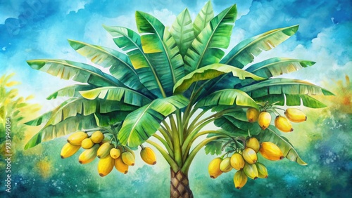 Vibrant watercolor illustration of a whimsical banana tree with bright yellow fruit and lush green leaves against a soft, dreamy blue background.