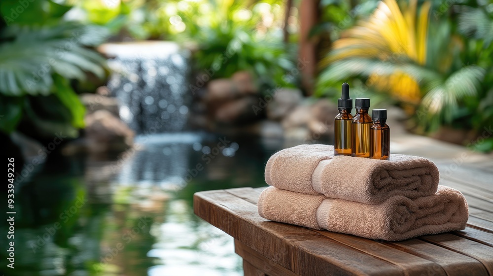 Elegant High-End Spa Interior with Essential Oils and Towels Elegant High-End Spa Interior with Essential Oils and Towels