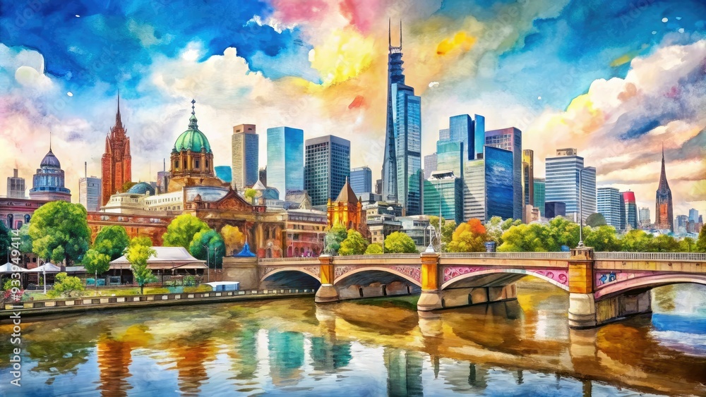 Obraz premium Vibrant watercolor illustration of Melbourne's iconic skyline, featuring Yarra River, Flinders Street Station, and cityscape, blending colors and whimsical brushstrokes.