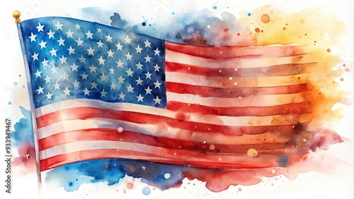 Vibrant watercolor illustration of the American flag, with soft brushstrokes and blended colors, evoking a sense of patriotic nostalgia and freedom. photo