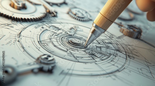 Pen Pointing at Center of Circular Mechanical Drawing with Gears