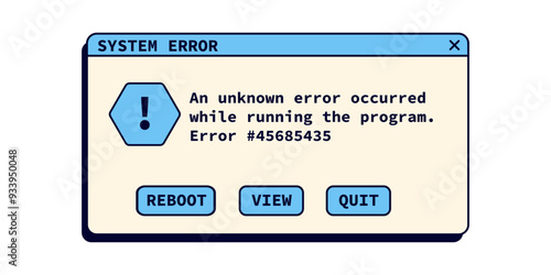 System error message in retro style. Crash window notification in blue color. Warning vintage window.