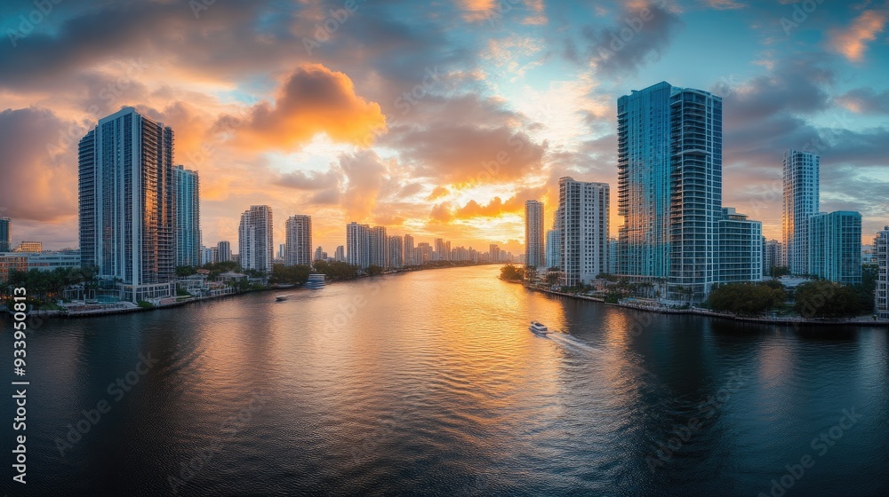 Obraz premium Vibrant Cityscape with Sunset and Flowing River