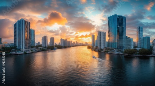 Wallpaper Mural Vibrant Cityscape with Sunset and Flowing River Torontodigital.ca