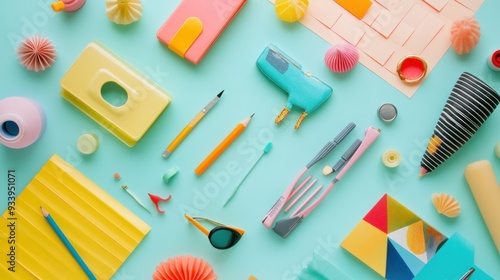 Colorful Objects Arranged on a Light Blue Background