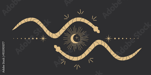 Celestial serpent snake circle frame, esoteric tarot or tattoo mystery sacred symbol border. Linocut style boho. Occultism and religion, sacred rites and sacrifice. Reptile