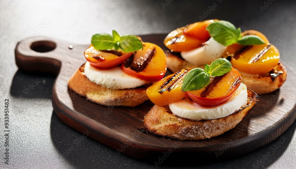 Toast with Grilled peach Caprese salad with mozzarella. Delicious balanced food concept. Toast with Grilled peach Caprese salad with mozzarella. Delicious balanced food concept.