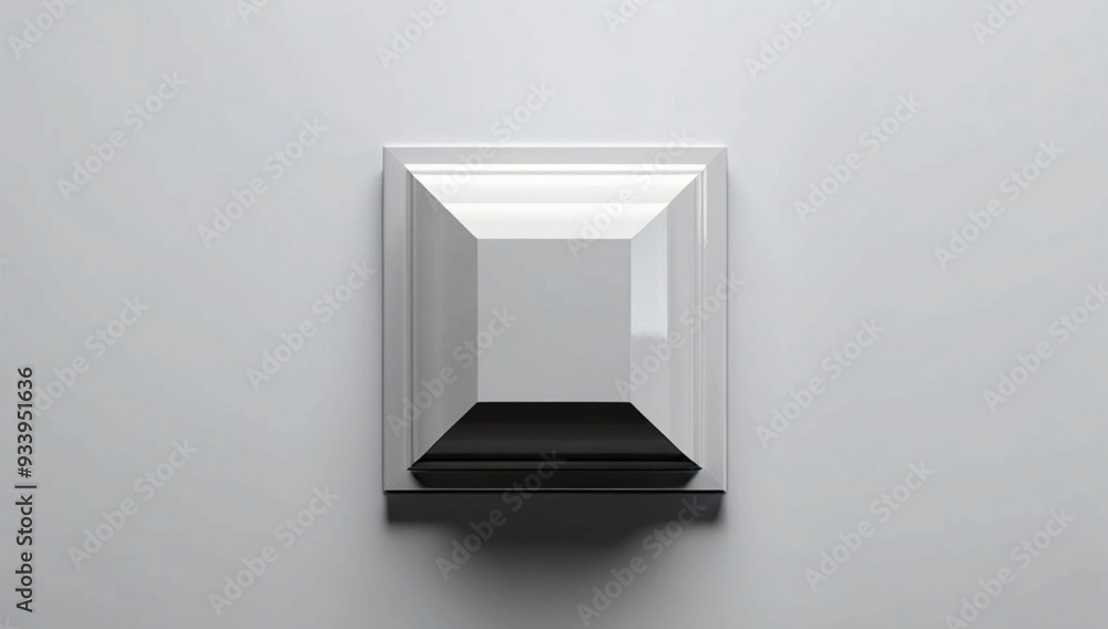 Fototapeta premium Minimalist 3D square shape with a reflective black base. This abstract geometric object features clean lines and a modern aesthetic. Ideal for technology, design, or architectural concepts.