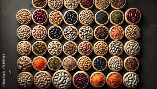 Top-Down View of Assorted Legumes and Beans in Wooden Bowls, Perfectly Arranged in a Colorful Pattern