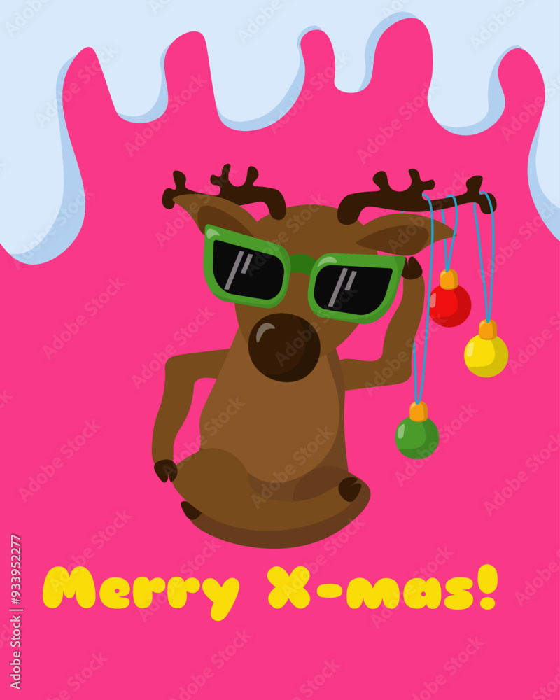 Naklejka premium Merry X-mas, positive card with a stylish deer in sunglasses and Christmas balls on an extra pink background
