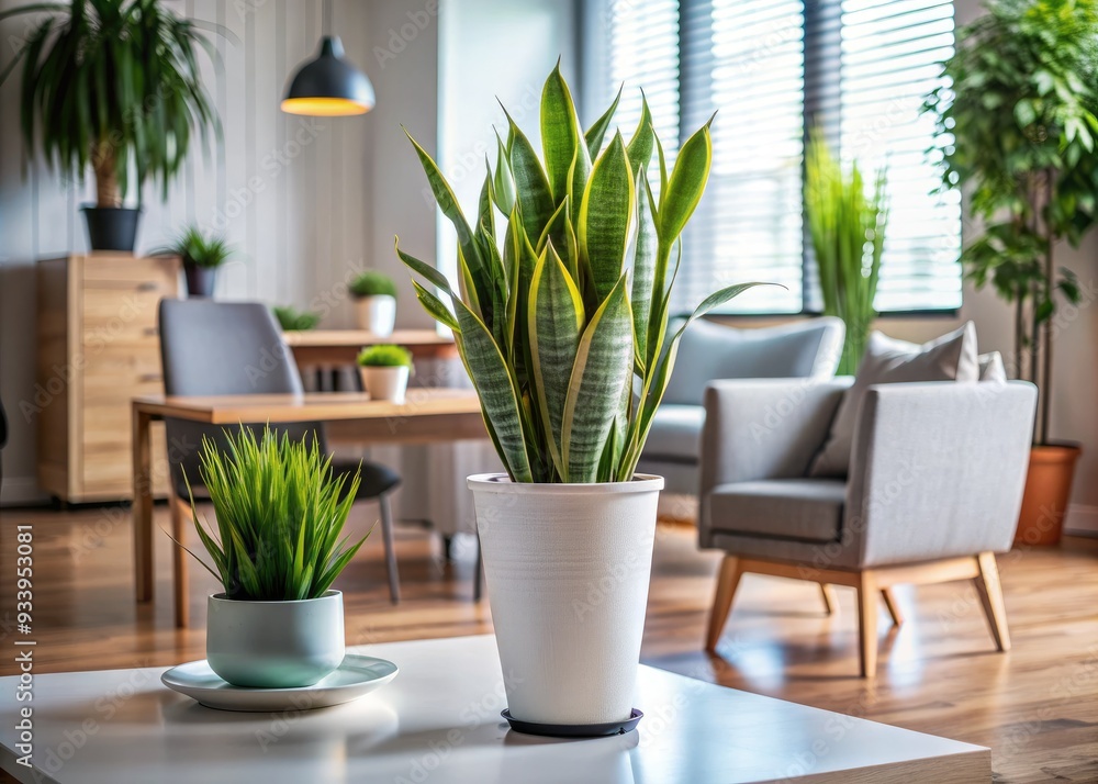 Elegant Sanseviera plant in a sleek pot, a natural air purifier, absorbs toxic chemicals, adding a touch of greenery and freshness to modern indoor spaces. Elegant Sanseviera plant in a sleek pot, a natural air purifier, absorbs toxic chemicals, adding a touch of greenery and freshness to modern indoor spaces.