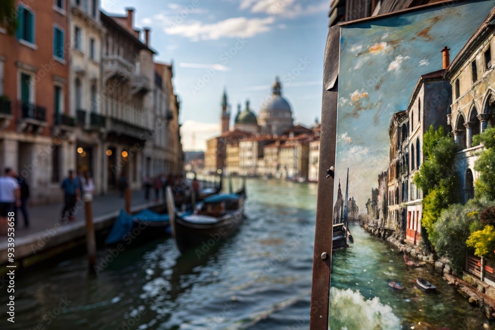 Fototapeta premium painted picture of the landscape of a city, against the background of this city, river, canal and boats passing along it, gandolas