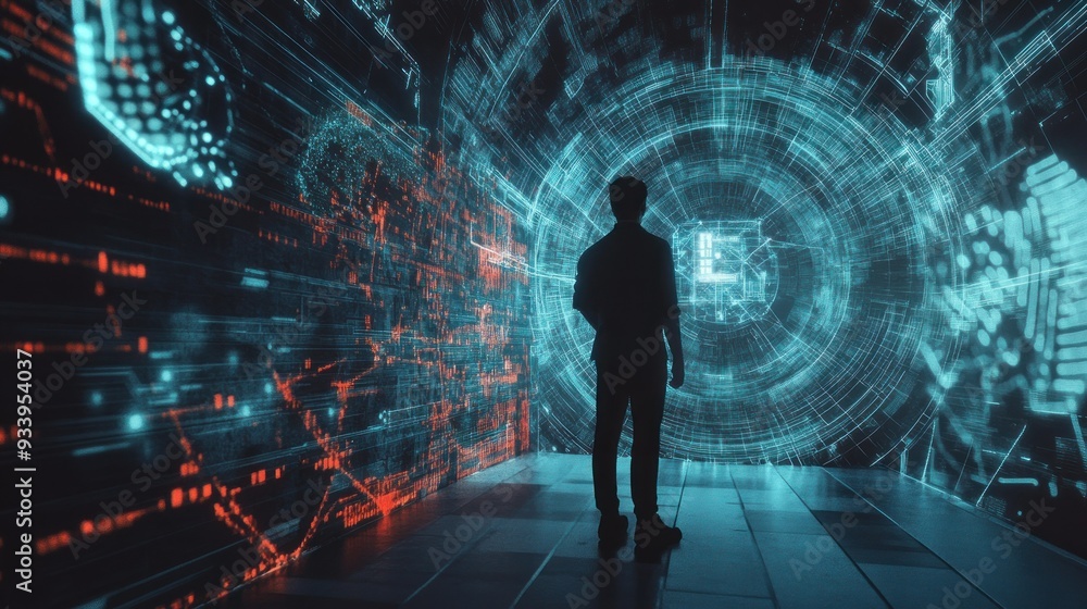 Silhouette of a person standing before a glowing digital portal Silhouette of a person standing before a glowing digital portal