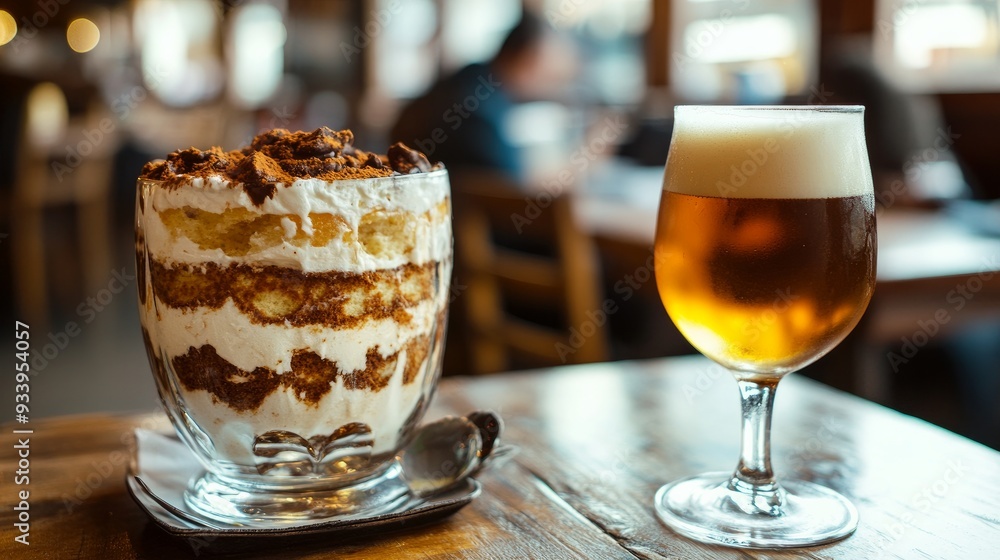 Close-up of a tiramisu on a wooden table in a restaurant with a glass of beer. Close-up of a tiramisu on a wooden table in a restaurant with a glass of beer.