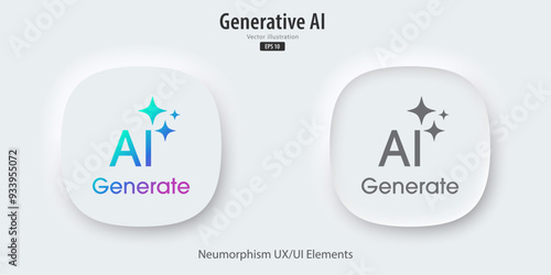 Modern AI generative button. AI is entered by a command prompt to generate ideas. Generatepress button in trendy neumorphic style for Apps, websites, interfaces. UI UX elements. Vector illustration.