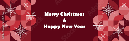 Modern abstract geometric design with Merry Christmas and Happy New Year in red colors. Template for banner, poster, greeting card. Vector illustration