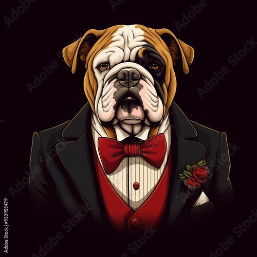 Bulldog dressed in a tuxedo with a red bow tie and rose, posing elegantly against a dark background