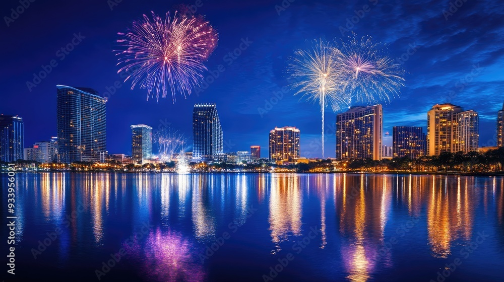 Obraz premium Dazzling Fireworks Show Above Glowing Cityscape at Night