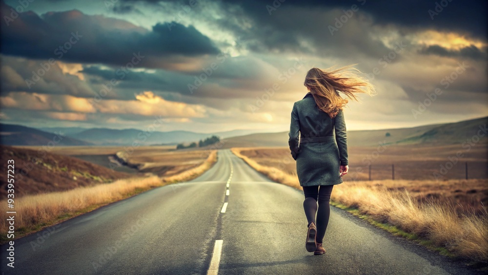 unrecognizable-woman-walking-on-the-road-in-windy unrecognizable-woman-walking-on-the-road-in-windy