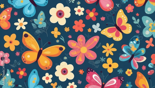 Seamless cartoon butterfly and flower pattern with bright colors for children