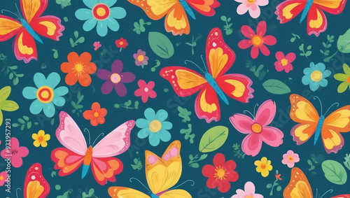 Seamless cartoon butterfly and flower pattern with bright colors for children