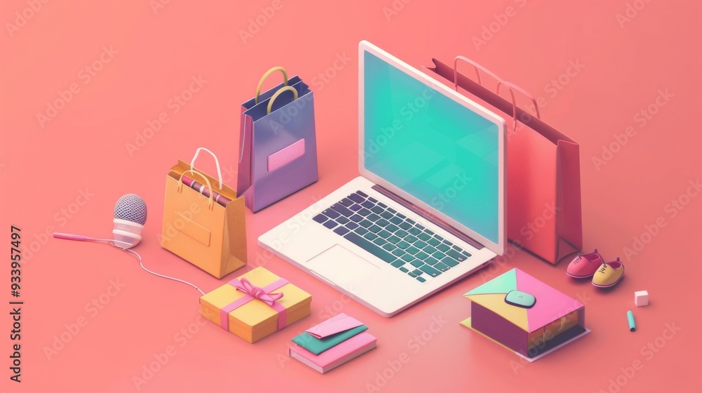 Minimalist digital illustration featuring a laptop surrounded by colorful shopping bags, gifts, and various items, symbolizing online retail and e-commerce on a pink background. Minimalist digital illustration featuring a laptop surrounded by colorful shopping bags, gifts, and various items, symbolizing online retail and e-commerce on a pink background.