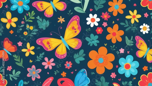 Seamless cartoon butterfly and flower pattern with bright colors for children