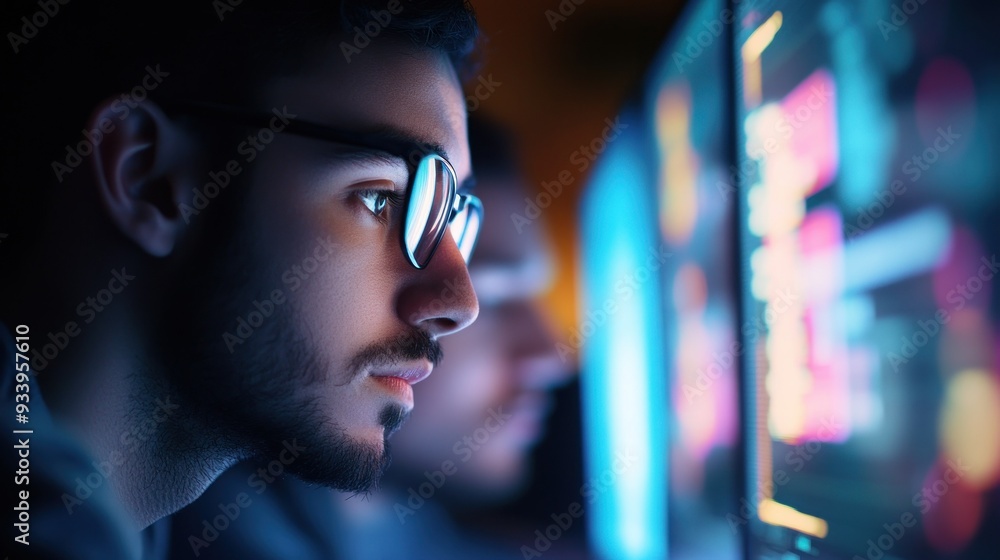 Man with Glasses Looking at Computer Screen in a Dark Room Man with Glasses Looking at Computer Screen in a Dark Room