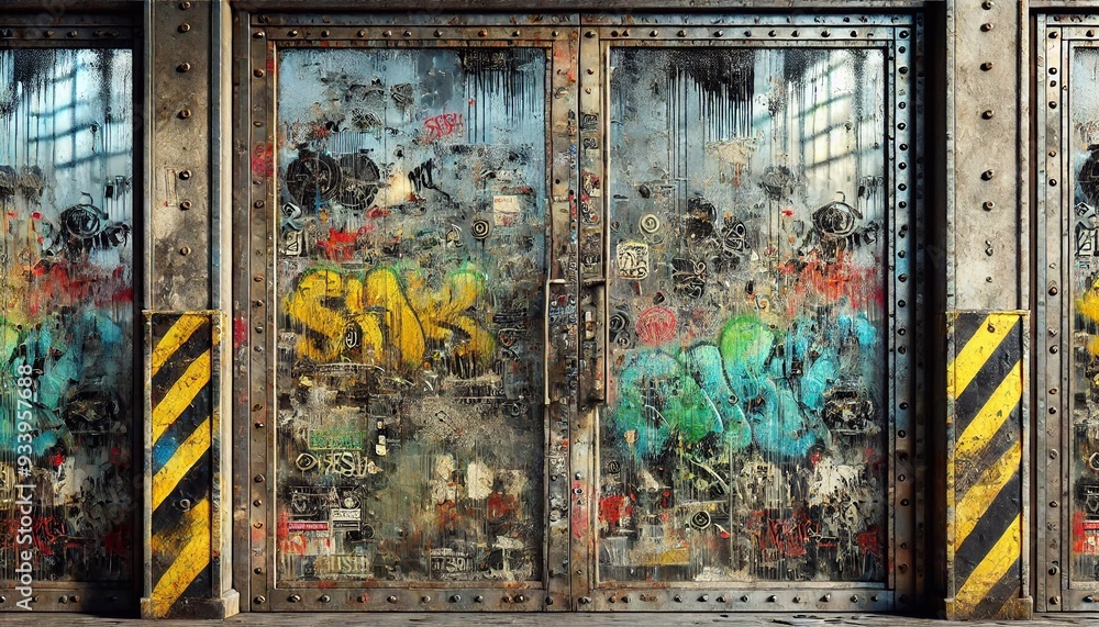 Obraz premium Urban Industrial Graffiti on Glass Doors in an Industrial Setting
