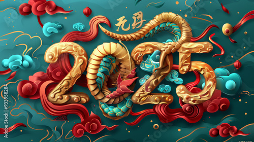 Wallpaper Mural Inscription "2025" in Chinese New Year style, stylized gold material Torontodigital.ca