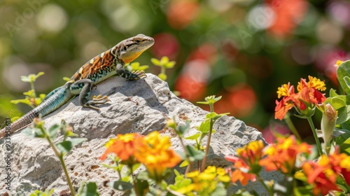 Colorful Lizard on a Rock in a Garden