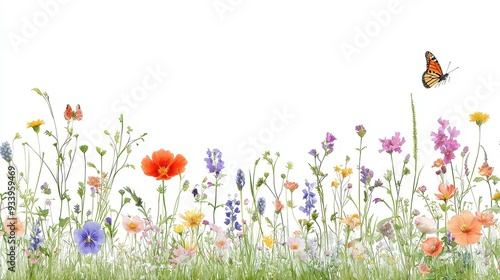 Colorful Wildflower Meadow, vibrant wildflowers and fluttering butterflies create a seamless horizontal border, hand-painted in watercolor, perfect for summer-themed designs.
