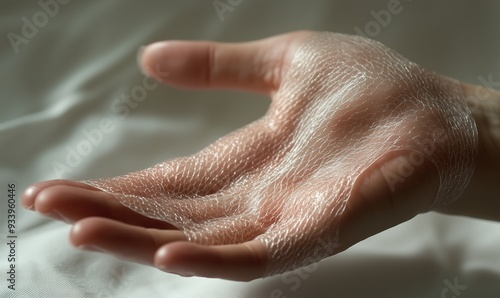 Close-up of a hand holding a sheet of artificial skin, highlighting advancements in medical research and synthetic tissue development.Hand holding artificial skin in medical research

