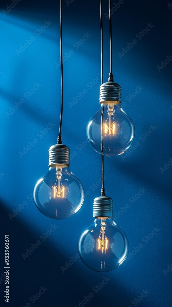 Hanging light bulbs with glowing filaments against blue background, modern lighting concept Hanging light bulbs with glowing filaments against blue background, modern lighting concept