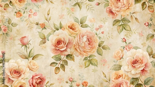 Vintage-style distressed background features a beautiful rustic rose pattern, with soft pink and peach hues, intricate details, and a warm, nostalgic charm.